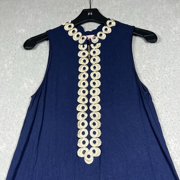 Lilly Pulitzer Jane Shift Dress 10 True Navy Gold Zipper Sleeveless Embroidered - Picture 3 of 12